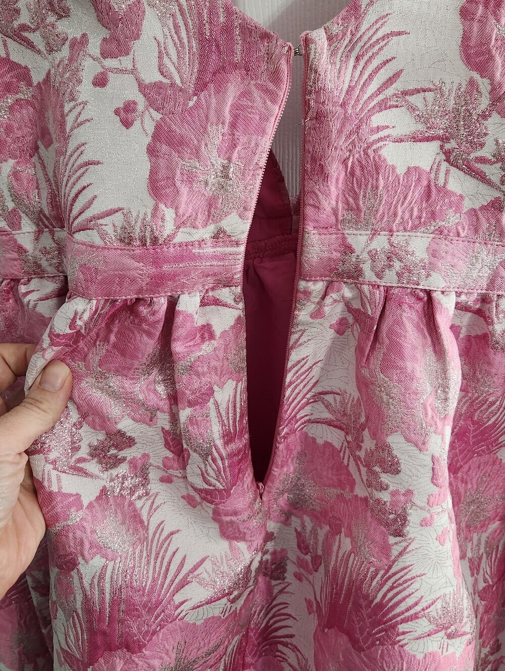 Altar'd state pink floral jacquard mini dress medium feminine glam bow ruffle - Picture 13 of 16